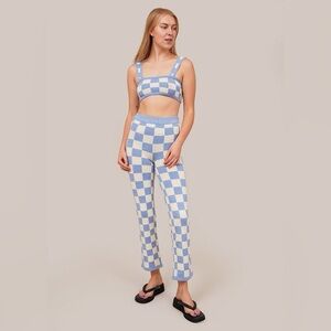 Belle The Label Cloud Knit Blue and Ivory Checkered Pants
